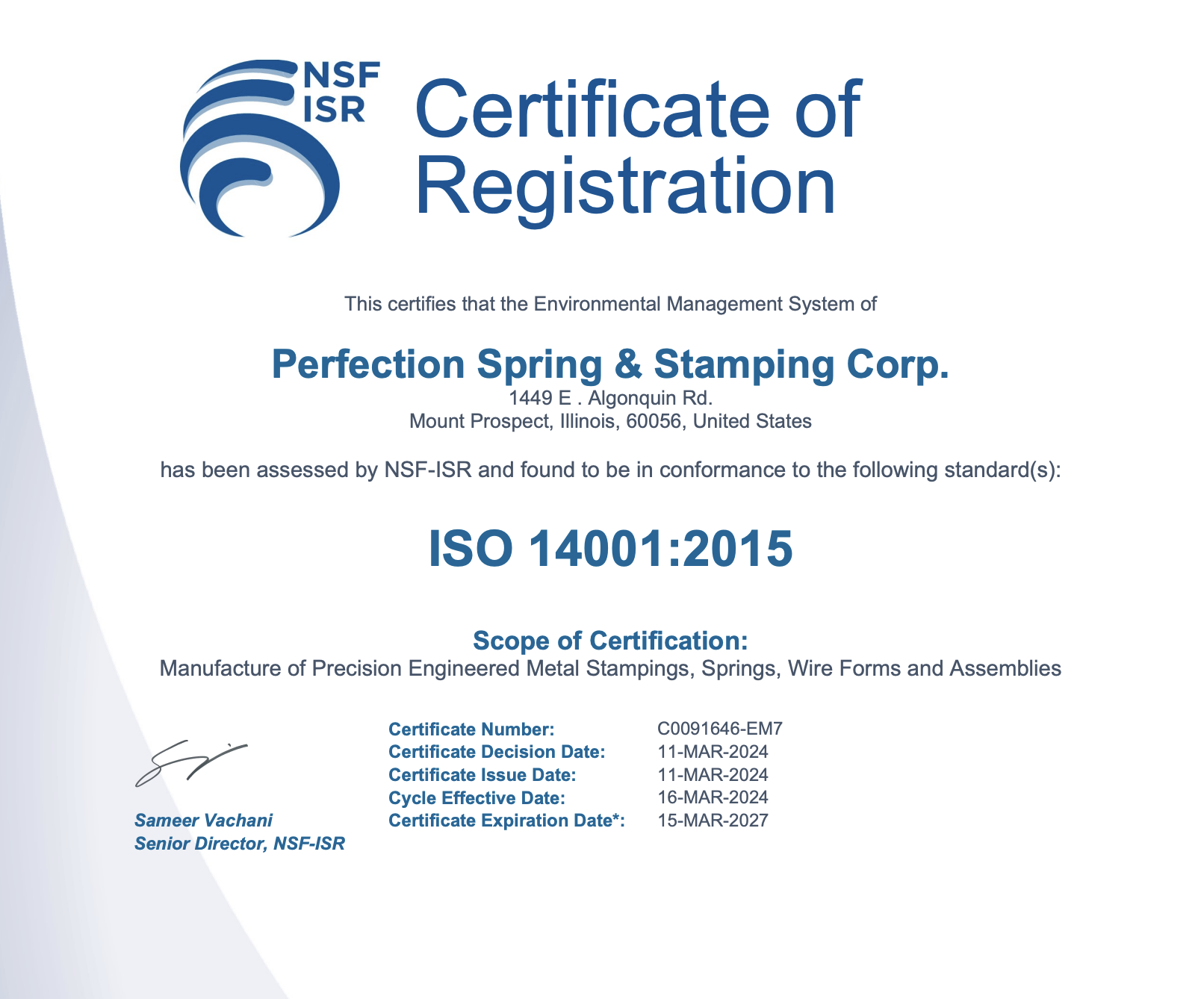 ISO 14001:2015 Certified Metal Parts Manufacturer